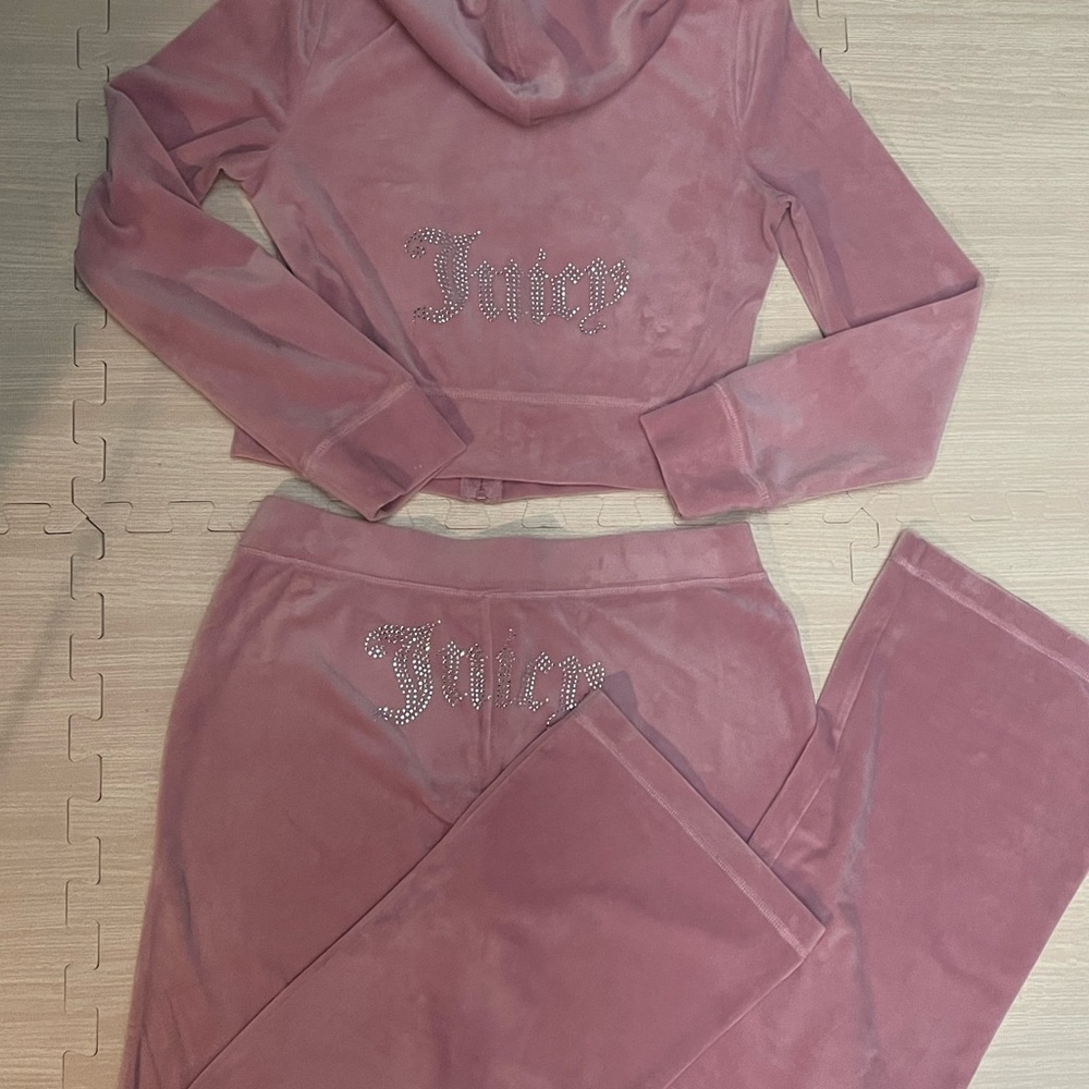 Juicy Couture Pink Velour Track Pants & Cropped Hoodie Set with Rhinestone Logo